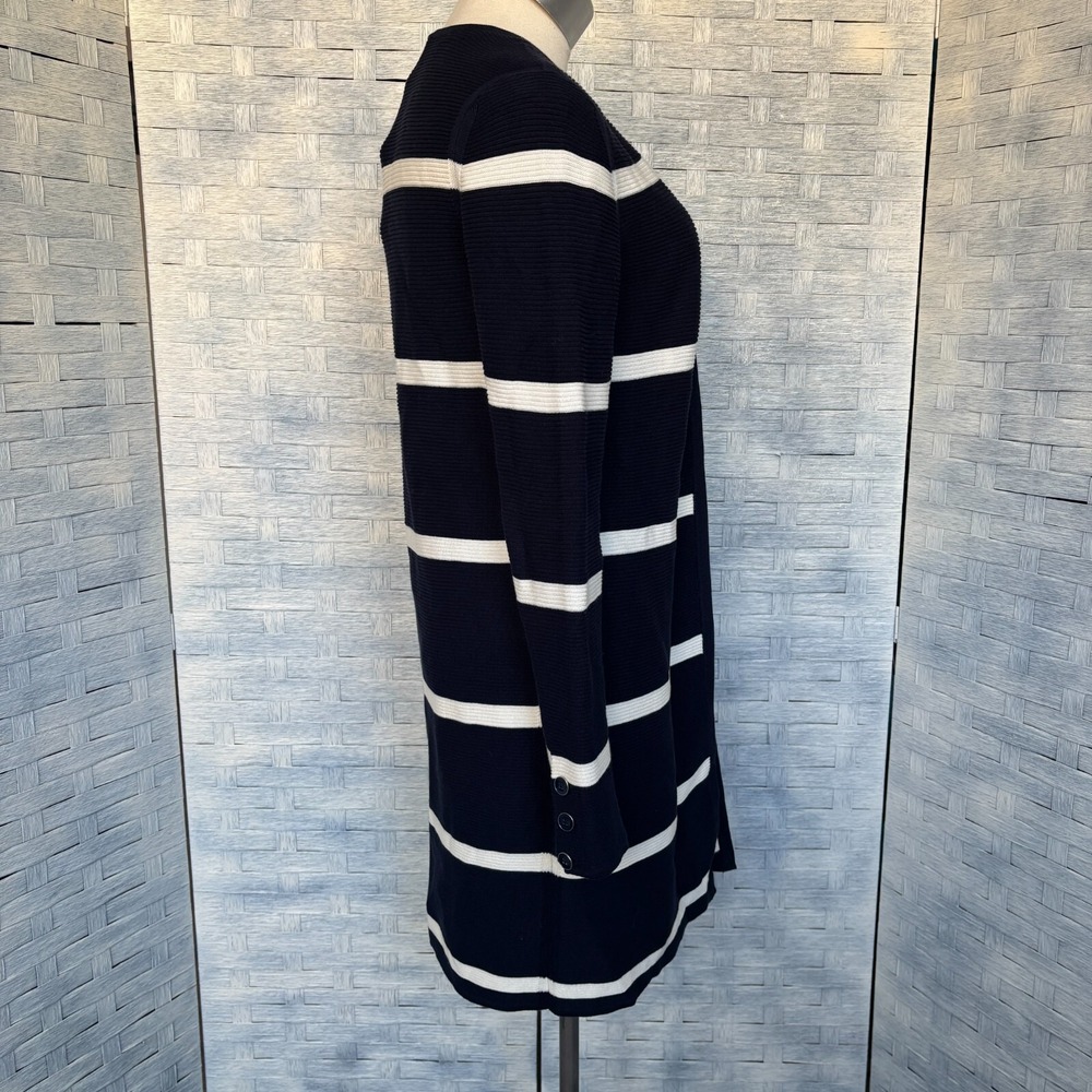 Talbots XS Navy White Striped Open Front Longline Cardigan Button Cuff Ribbed - Picture 2 of 9
